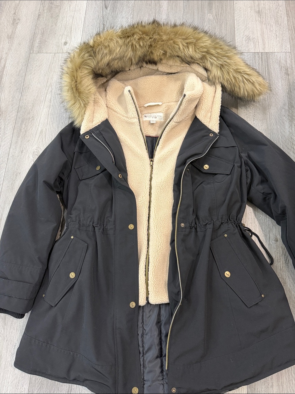 Koolaburra Black Parka with Cream Sherpa Liner and Tan Faux Fur Hood Trim